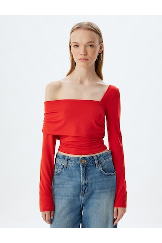 Koton Tek Omuz Bluz Asimetrik Yaka Drapeli Uzun Kollu Slim Fit Kırmızı 5wal60019ık
