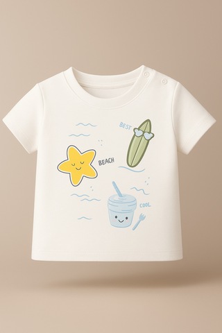 %100 Pamuklu Best Beach Team T-shirt Ekru