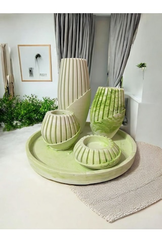 Dekoratif Modern Desenli Vazo 5'li Seti Ebruli Yeşil