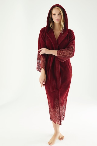 Dantelli Uzun Kapüşonlu Triga Bambu Cotton Bayan Bornoz Bordo