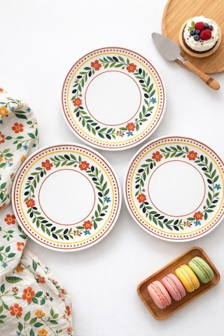 Grandora Retro Zeytin Ve Çiçekli 6 Adet, 20 Cm Pasta, Tatlı Veya Sunum Tabağı - Çok Amaçlı Kahvaltı Tabak Çok Renkli