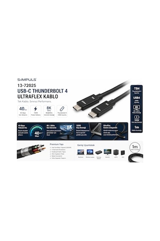 S-ımpuls Usb-c Thunderbolt 4 Ultraflex Kablo 40gbps, 100w Pd, 8k Video, Usb4 Uyumlu 1 Metre