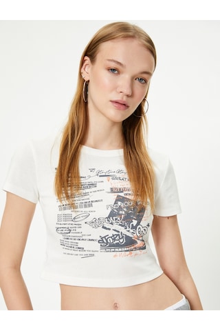 Koton Crop Baskılı Tişört Kısa Kollu Bisiklet Yaka Slim Fit Pamuklu Ekru 4sal10916ık Ekru