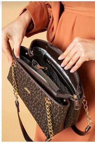 Just Polo Orijinal Kadın 3 Bölmeli Zincir Detaylı Ayarlanabilir Askılı Lüks El & Omuz Çantası Shoulder Bag Kahverengi