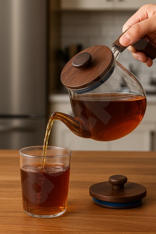 Akasya Kapaklı Ve Saplı Yuvarlak Cam Demlik - Isıya Dayanıklı - Cam Demlikli - Akasya Kapaklı Cam