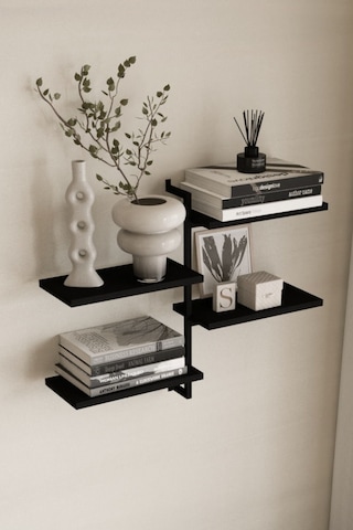 Aju 4 Katlı Duvar Rafı Metal Çerçeveli Dekoratif Kitaplık Ve Raf Ünitesi Modern Ve Minimalistt Siyah