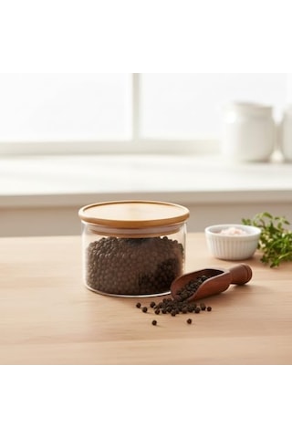 Bambu Kapaklı Borosilikat Cam Saklama Kabı - 200 Ml Vakumlu Küçük Boy Baharatlık Ve Erzak Kavanozu 7009