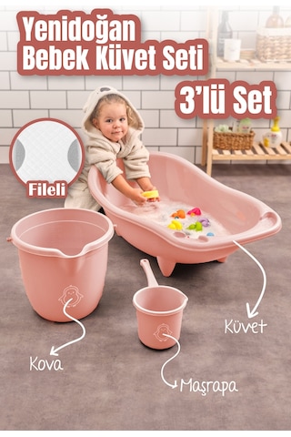 Vienev 3Lü Set Fileli Yenidoğan Küvet Seti Pembe