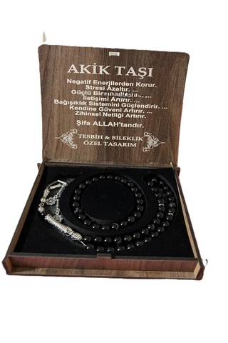 Akik Taşı Tesbih & Bileklik Seti Özel Tasarım Siyah 88300041