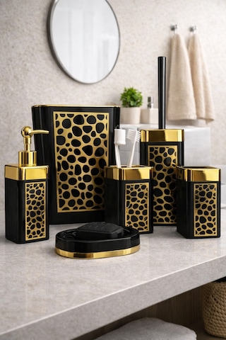 Arvale Pleksi Gold Detaylı 5 Li Banyo Aksesuar Seti Siyah