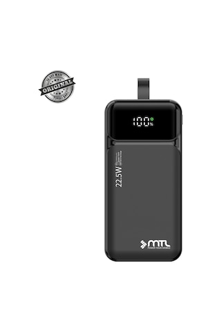 30000 Mah 22.5w Turbo Şarj Dahili Kablolu Dijital Led Göstergeli Pd Ve Qc 3.0 Powerbank Mt4330 Siyah