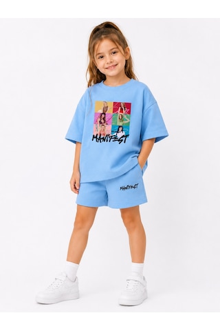 Fasardi Manifest Girls M6nifestgirls Baskılı Oversize Pamuk Tişört Şort 2'li Çocuk Takım Mavi