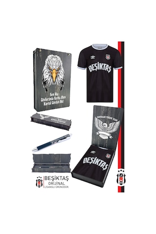 Beşiktaş Orijinal Lisanslı Nostalji Siyah Çocuk Forma + Tükenmez Hybrit Kalem Set Hediyelik Ahşap Kutulu Siyah - Gri