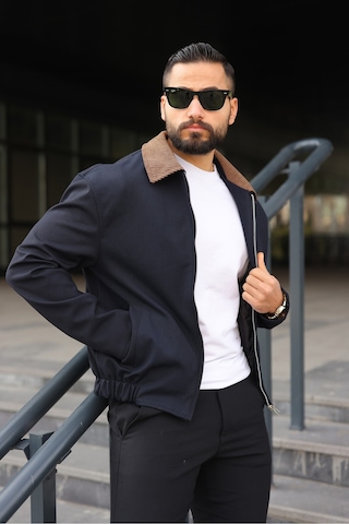 Kadife Yakalı Trucker Model Ceket Lacivert