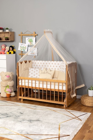 Ahşap Beşik Anne Yanı Beşik Vernikli 60x120 - Krem Nakış Erkek Uyku Seti + Yatak Ahşap