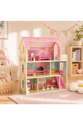 Vardem 10 Parça Ahşap Ev Seti, 70,2 X 60,5 X 24 Cm Mobilyalı Oyuncak Ev, Aksesuarlı Çocuk Evcilik Seti, Ahşap Bebek Evi Ve Rol Yapma Oyuncağı Tx1055 Abanoz - Beyaz