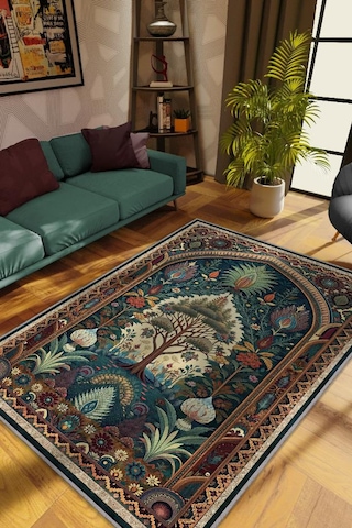 Homshtag Art Deco Etnik Bitki Vintage Halı Görünümlü Dijital Baskı Yeşil Renk Rustik Çiçekli Halı Çok Renkli