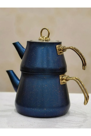 Yunusoğlu Home Granit Kaplama Gold Kulplu Cam Kapak Çaydanlık Mav