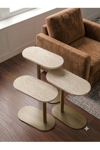 Traverten Renk Üst Tabla , Cappicino Renk Metal Ayaklı 3'lü Zigon Sehpa Seti Salon /koltuk Altı Sehpa Yan Sehpa - C Sehba Modern Sehba Cappuccino - Traverten