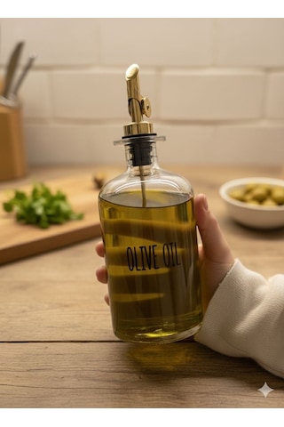 Qerhome 2'li Gold Başlıklı Şeffaf Cam Yağdanlık Seti 500 Ml+500 Ml Oliva Glass Beyaz