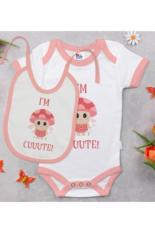 Bk Kids I'm Cute Tasarımlı Pembe Bebek Body Zıbın Ve Mama Önlüğü Hediye Seti-1 Çok Renkli