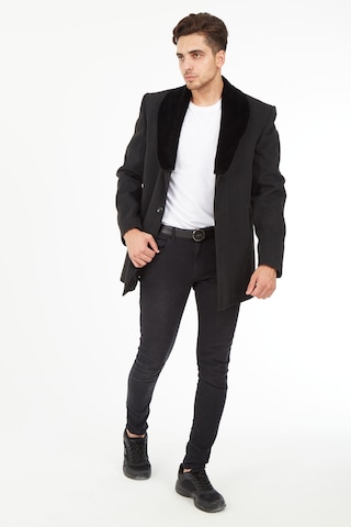 Sposo 1661 Yaka Kürkü Çıkmalı Yünlü Kaşe Füme Erkek Kaban Füme