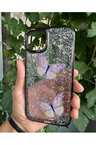 Apple Uyumlu iPhone 15 Taşlı Simli Kelebekli Kılıf Siyah