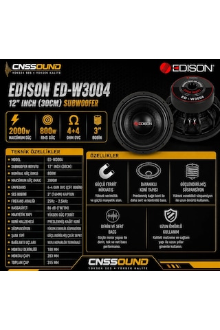 Edison Ed-w3004 30 Cm 800 Rms 2000w Çift Bobin 4+4 Ohm Oto Bass Subwoofer