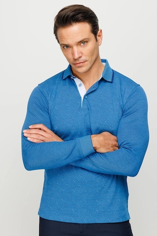 Desen Triko Erkek Polo Yaka Kare Desenli Uzun Kollu Sweatshirt Saks Saks