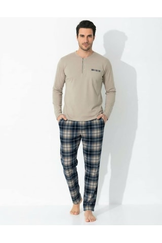 Boyraz Erkek Standart Kalıp Penye Düğme Yaka Uzun Kol Baharlık Pijama Takımı 0697 - 1 Adet Bej