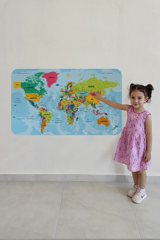 Türkçe Eğitici Ülke Ve Başkent Okyanus Detaylı Atlası Dünya Haritası Duvar Sticker -85x130-3870 Çok Renkli