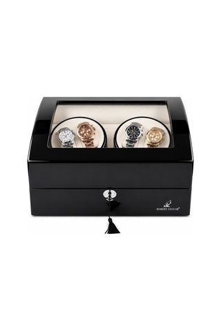 Watch Winder Brooklands Collection 4 Slotlu Ultra Sessiz Otomatik Saat Kurma Kutusu +6 Muhafaza Alanlı, Piano Ebony & Alcantara Kahve Krem
