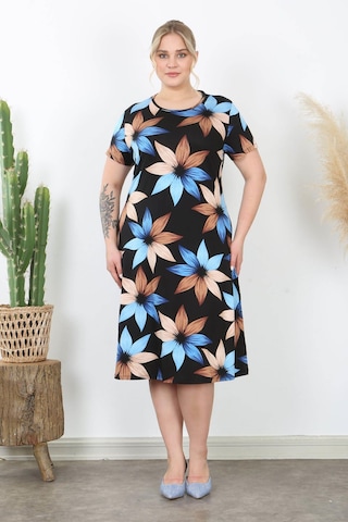 Kadın Mavi Kahve Çiçek Desen Midi Elbise Mavi Kahve Mavi - Kahverengi