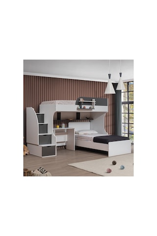 Ranza, Aura Ranza Karyola Masa 3 Kapaklı Dolap + 2 Comfort Yatak Beyaz - Gri 90 X 190 CM