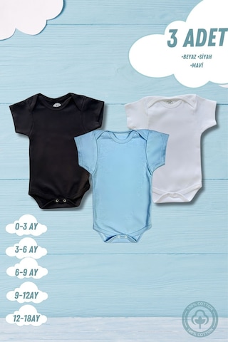 Betül Bebek Kısa Kollu 3'lü Organik Pamuk Çıtçıtlı Bebek Body&zıbın Siyah,mavi,beyaz Çok Renkli