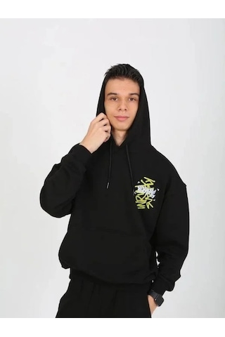 Erkek Çocuk 2 İplik Yazı Detaylı Kapüşonlu Sweatshirt-15232 Siyah