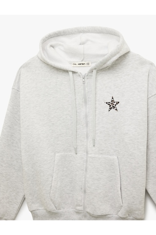 Koton Cep Detaylı Yıldız İşlemeli Kapüşonlu Fermuarlı Oversize Sweatshirt Kar Melanj 6sal10272ık Gri Melanj