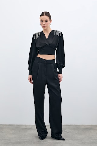 Sateen Pileli Saten Krep Pantolon - Siyah-135692 Siyah