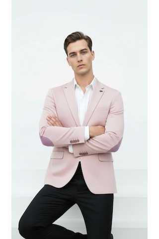 Plus Scorpion Açık Pembe Erkek İtalyan Kesim Blazer Ceket Kol Yamali, Slim Fit, Şık Ve Modern Tasarım Pembe