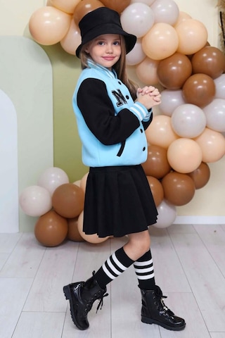 Riccotarz Kız Çocuk Düğme Detaylı Pamuklu Mavi Kolej Ceket Kadife Etekli Takım Mavi