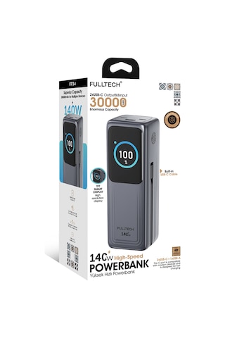 Fulltech Fp34 140w 30.000mah Akıllı Ekranlı Hızlı Şarj Powerbank 2xusb-c & Dahili Kablo 4 Cihaz Siyah