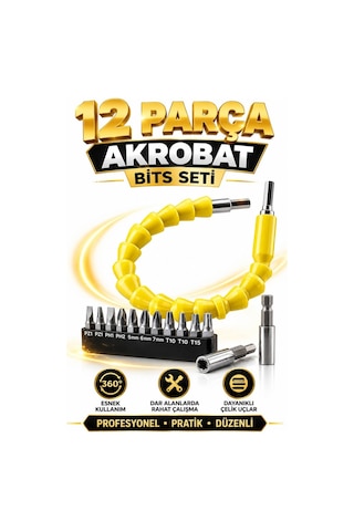 12 Parça Akrobat Bits Seti Esnek Uzatma Aparatı Tornavida Uç Seti