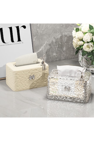 Yuntech01 Ev Ofis Masaüstü Buz Desenli Şeffaf Plastik Mendil Kutusu - Tavşan Ve Bow Detaylı Ev Dekoratif Saklama Kutusu