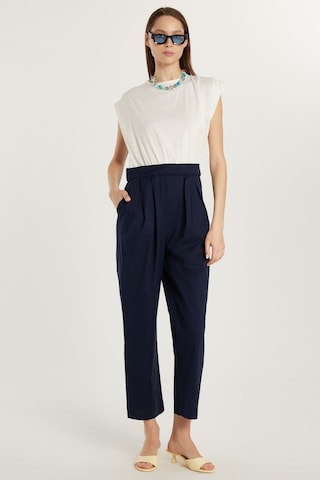 Tudors Kadın Slim Fit Dar Kesim Sıfır Kollu Cepli Bisiklet Yaka Tulum-34021 Beyaz - Lacivert