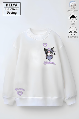 Tam Kalıp Oversize Kız Çocuk Pamuğa Pamuk 3 İplik Kumaş Karakter Kur Tasarım Sweatshirt Beyaz