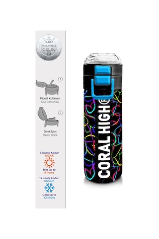 Coral High 500 Ml Pipetli Ve Direkt İçim Çelik Termos/matara - Kız Çocuk - Çok Renkli Kalp Desenli Çok Renkli