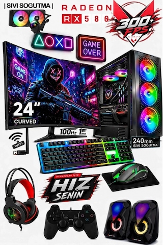 J-tech Ryze Ryzen 5 5500 32 GB 512 GB SSD RX580 8 GB 24" Curved Free Dos Masaüstü Bilgisayar
