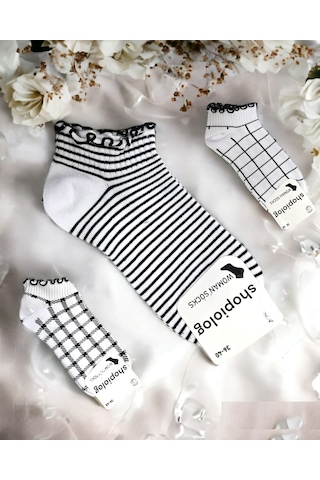 Shopiolog Sevimli Marul Desenli Bilek Çorabı 3'lü Paket Siyah - Beyaz