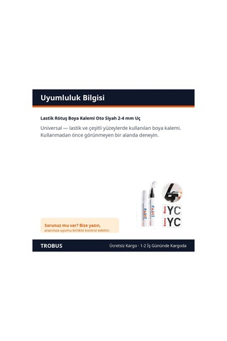 Trobus Lastik Rötuş Boya Kalemi Oto Siyah 2-4 Mm Uç