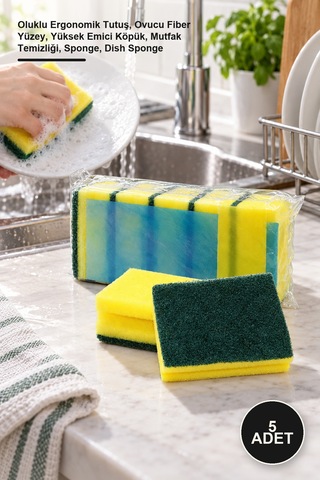 5 Adet Bulaşık Süngeri Oluklu Ergonomik Tutuş, Ovucu Fiber Yüzey, Yüksek Emici Köpük, Mutfak Temizliği, Sponge, Dish Sponge